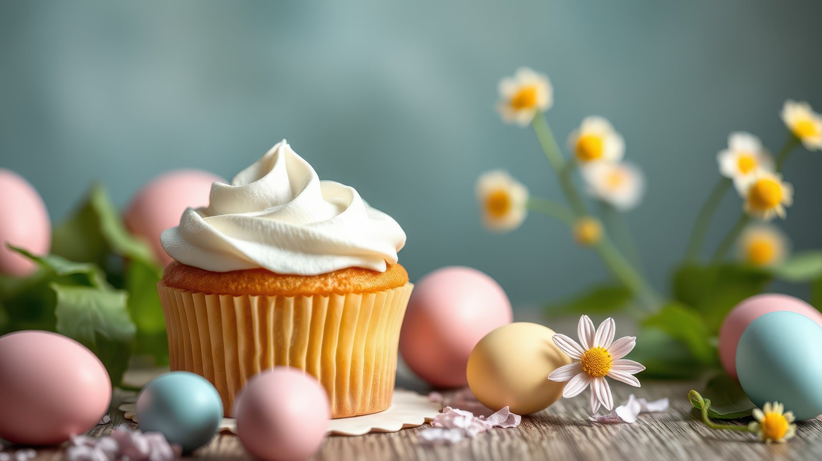 Colorful spring cupcake surrounded by pastel eggs and flowers on a wooden table